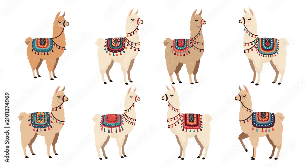 Obraz premium Cute cartoon alpacas and llamas with closed eyes wearing colorful decorative necklaces and traditional saddle blankets.