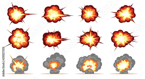 Collection of animated explosion effects and smoke cloud frames for game development isolated on white background.