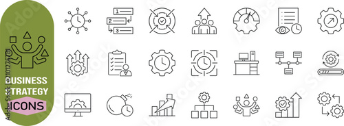 Business strategy optimization vector icons. gear icon set, clock icon set, chart icon set