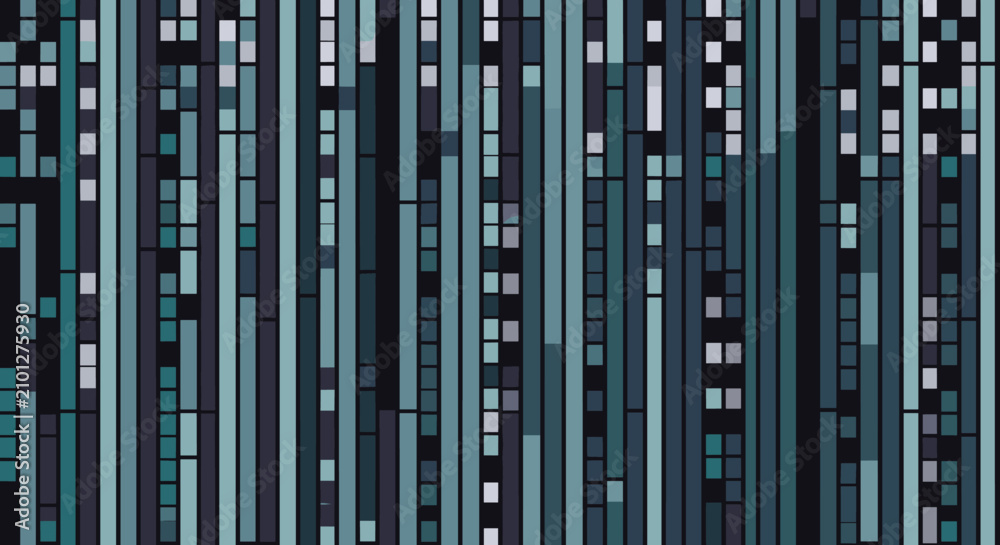 Obraz premium Abstract seamless vertical bar matrix pattern with pixelated blocks in a cool teal and slate blue color palette.