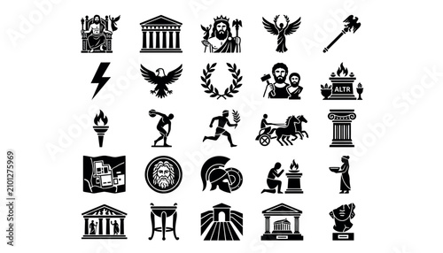 Collection of Greek mythology icons and symbols.