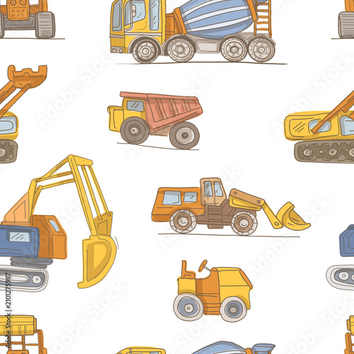 
Hand drawn construction machines and excavators set. Black and white graphic line art vehicle sketch collection. Industrial machinery illustration isolated on white background