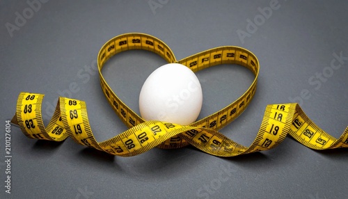 White egg inside heart shape created by yellow measuring tape on gray background with measuring nutrition calories wellness