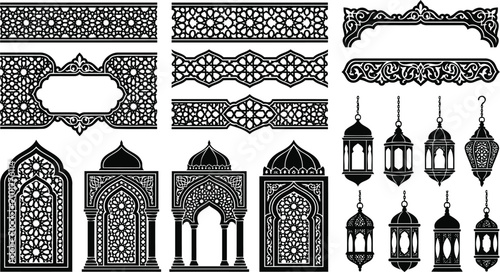 Fotografie Intricate arabesque patterns and islamic architecture elements in black silhouet
