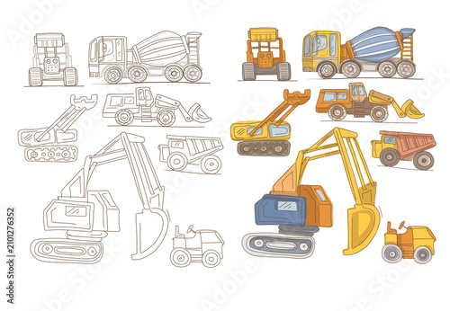 
Hand drawn construction machines and excavators set. Black and white graphic line art vehicle sketch collection. Industrial machinery illustration isolated on white background