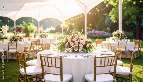 Elegantly decorated wedding reception dinner tables under a white canopy tent at sunset with reception celebration decorated