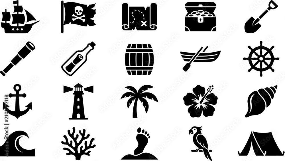 Fototapeta premium Set of Vector Icons Representing Marine Nautical Adventure Elements and Tropical Island Exploration Symbols for Creative Designs