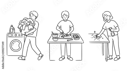Captured in this imagery are daily home chores showing a person carrying laundry, someone preparing food, and another cleaning, highlighting household responsibilities.
