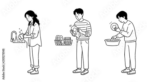 A trio of characters engaging in various household chores, showcasing teamwork and the importance of sharing responsibilities in daily life while staying organized and cooperative.