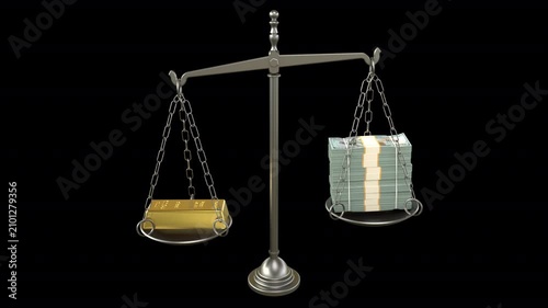 Gold bar vs dollar stacks balance scale – 3d render looped with alpha channel.