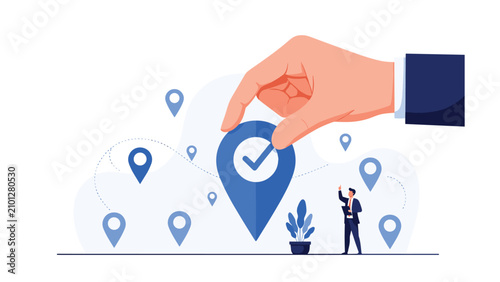Giant hand placing location pin with checkmark for target audience selection and strategic geographic marketing concept.