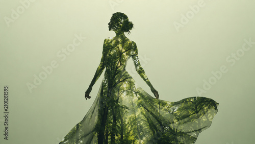 Eco-friendly silhouette of a young woman filled with green plants against a green background.