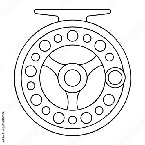Hand-drawn minimalist vector icon illustration of a classic fly fishing reel, clean black outline line art, scalable graphic for angling, outdoor sport and hobby design projects for enthusiasts and