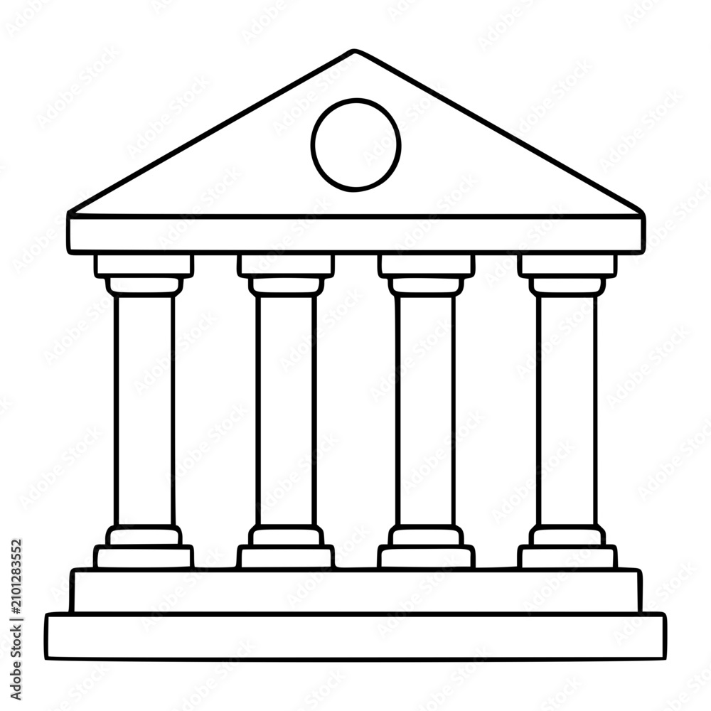 Obraz premium A minimalist black line vector icon illustrating a classical columned building structure representing a bank, museum, or government institution with a triangular pediment and four pillars on a base.