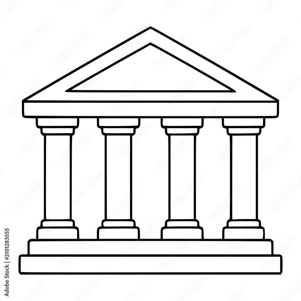 Obraz premium A minimalist black vector icon illustration of a classical columned building resembling a bank or museum with a triangular pediment and four pillars standing on a solid base structure element.