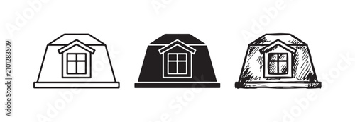 Tableau sur toile Attic Window and Dormer Icon Set: Outline, Solid, and Hand-Drawn Sketch of a Hou