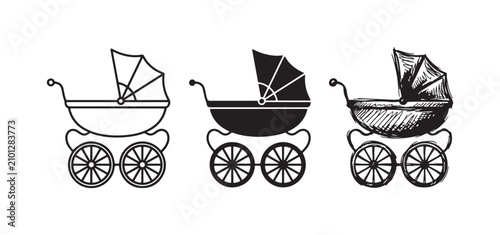 Obraz na płótnie Set of three baby carriage icons with a retractable canopy: outline, solid black silhouette, and hand-drawn sketch, symbolizing infant transport