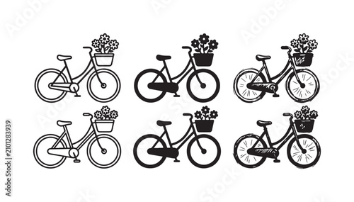 Foto Collection of vintage bicycles with flower baskets in outline, solid, and sketch