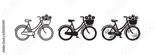 Foto Vintage bicycle with mudguards and flower basket in outline, solid, and sketch s