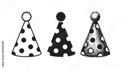 Fotografie Three variations of a party hat with a pom-pom and polka dot pattern, in outline