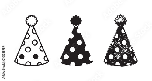 Fotografie Three variations of a party hat with a pom-pom and open circle polka dot pattern