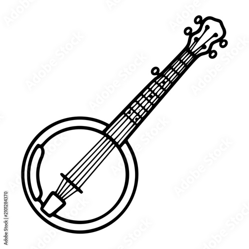 Hand-drawn minimalist vector icon illustration of a classic banjo musical instrument shown at an angled perspective, clean outline line art, scalable monochrome graphic for music themed branding,