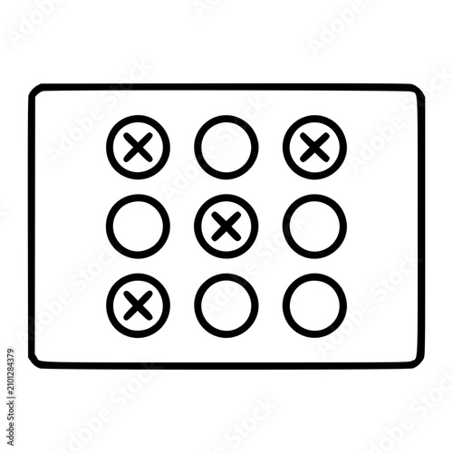 Minimalist vector illustration of a punched loyalty card with crossed and empty circles in a grid, clean line art outline, scalable icon for retail marketing and customer rewards, modern design.