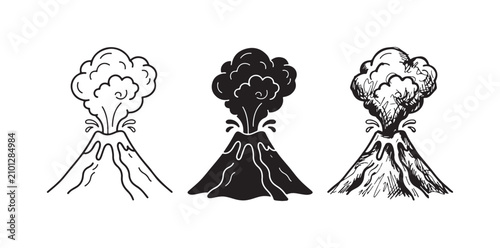 Obraz na płótnie Set of erupting volcano icons with smoke and lava, presented in outline, solid glyph, and hand-drawn doodle sketch styles