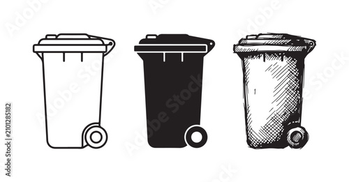 Bild auf Leinwand Waste Bin Icons Set with Domed Top and Wheel: Outline, Solid, and Hand-Drawn Sty