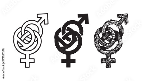 Complex intertwined male and female gender symbols icon set, forming an intricate knot, representing gender identity or relationships in outline, solid, and sketch styles.