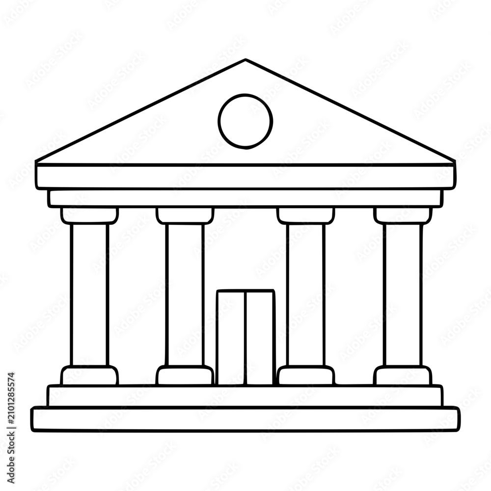 Obraz premium Minimalist Vector Icon Of Classical Bank Building With Columns And Triangular Roof, Hand-Drawn Outline Style Illustration For Financial Services And Modern Architecture Design Projects.