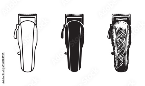 Foto Set of three cordless electric hair clipper illustrations, presented in outline, solid silhouette, and detailed hand-drawn sketch styles