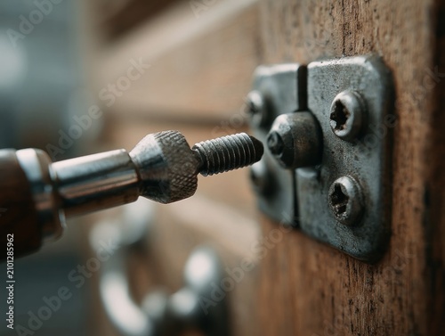 Close-up of a screw being tightened into a metal plate affixed to aged, grainy wood. Tools and hardware are visible