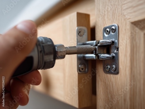 Hand holding screwdriver tightening cabinet hinge