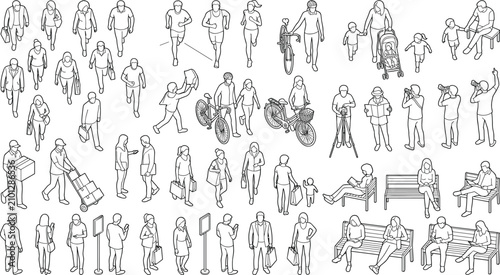 Collection of isometric people silhouettes walking, sitting, and exercising for architectural and urban design projects