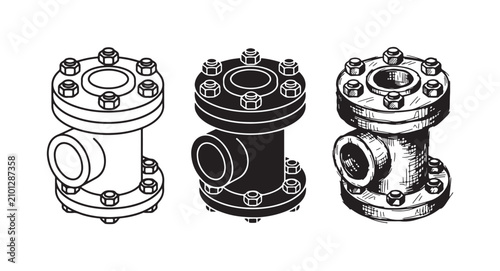 Canvastavla Industrial Pipe Fitting Icon Set: Outline, Solid, and Hand-Drawn Sketch of a T-s