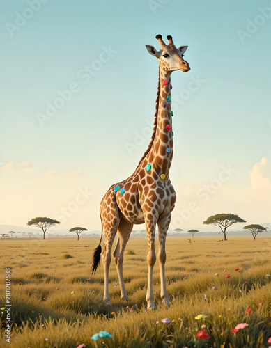 Giraffe with Colorful Buttons in African Savanna Illustration