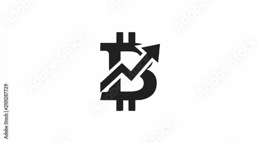 Black Bitcoin symbol with upward trending arrow and zigzag line