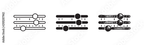 Fotografie Set of three horizontal fader or equalizer control icons in outline, solid fill, and detailed hand-drawn styles, for audio or settings