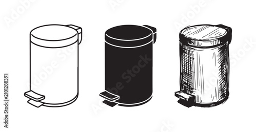 Tableau sur toile Cylindrical Pedal Trash Bin Icons in Outline, Solid Silhouette, and Hand-Drawn S