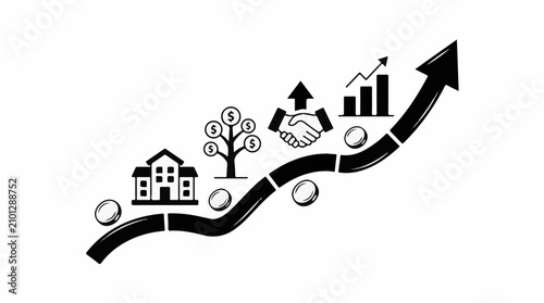 A graphic representation of financial growth from property to partnerships and market gains