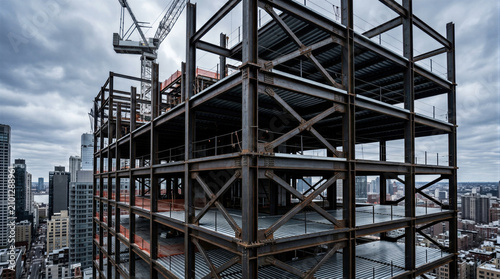 Foto Steel framework of skyscraper under construction in city