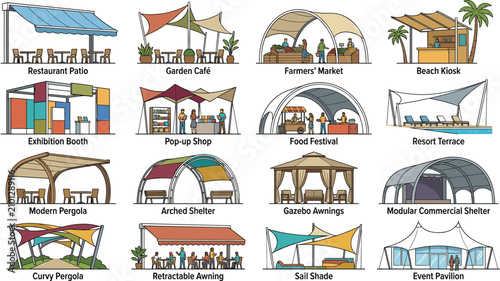 Foto Collection of outdoor structures, commercial shelters, awnings, and pop-up event
