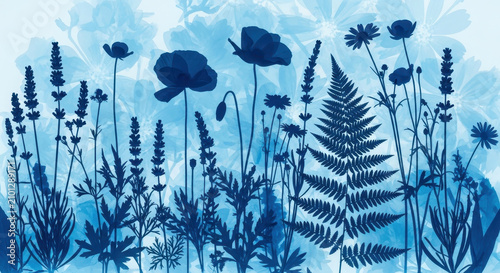 A calming blue monochrome watercolor painting of a field of wildflowers on a clear day in the late