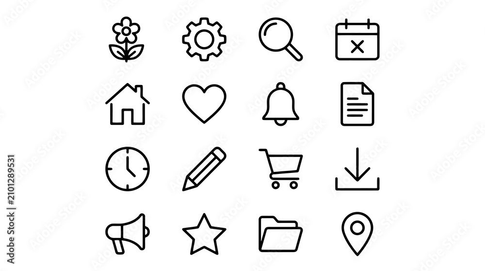Fototapeta premium Modern Minimalist Black and White Line Icons Set Featuring 16 Simple Illustrations for Web Design Apps and Presentations