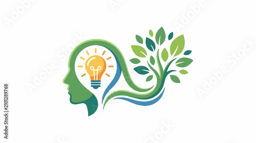A stylized profile of a human head with a lightbulb and a tree growing out of it
