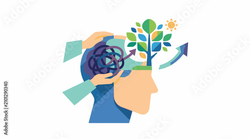 A colorful illustration of a human head with hands holding a jigsaw-like brain and a tree growing out of it