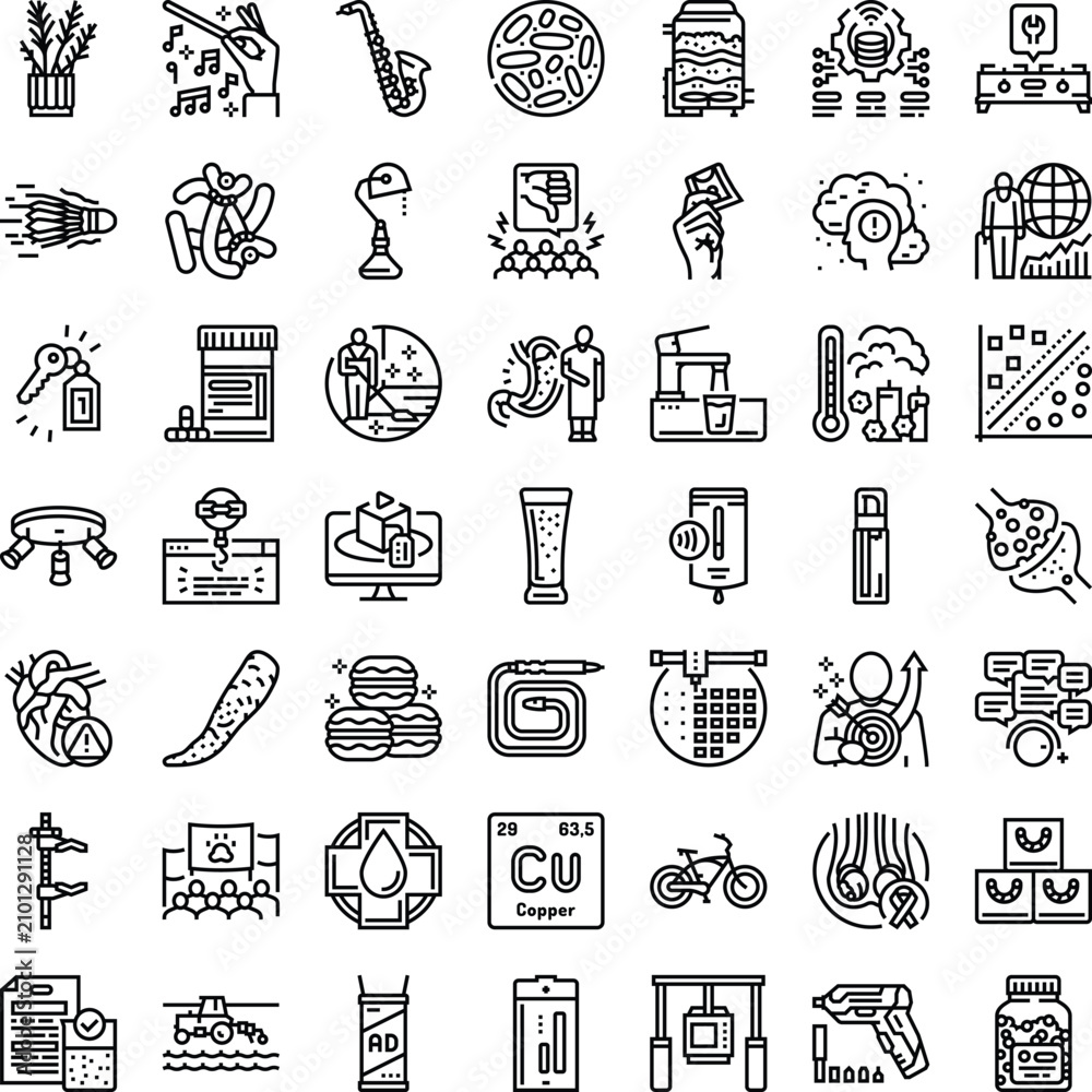 Fototapeta premium Diverse collection of minimal black line icons representing various concepts across science, medicine, technology, daily life, industry, and education, ideal for interface design and infographics