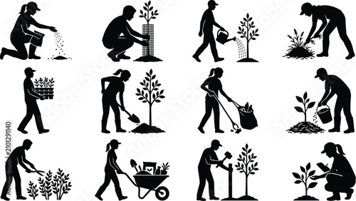 Collection of silhouettes depicting people gardening, planting trees, and performing environmental conservation work activities