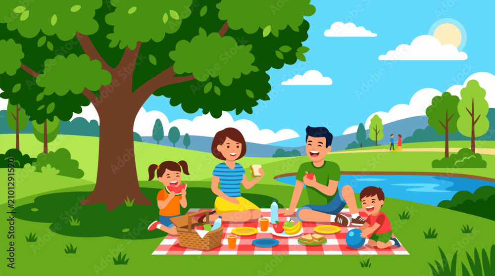 Fototapeta premium Happy family picnic under a shady leafy tree by a blue lake, sunny park vector with parents and children sharing fruit, sandwiches, ball, blanket, basket and rolling green countryside